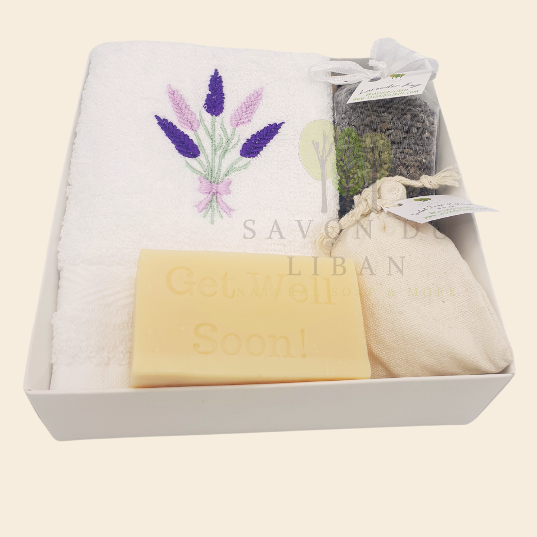 Lebanese Artisanal Lavender Breeze Gift Box for Comfort & Relaxation (16x16x5 cm) - Embroidered towel, lavender bag, grated soap bag, Get Well Soon musk soap.