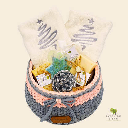 Bowl-la-la Soap & Stitch gift set featuring a crochet basket, embroidered towels, bars of soap, grated soap bag, and festive items, all handmade in Lebanon.