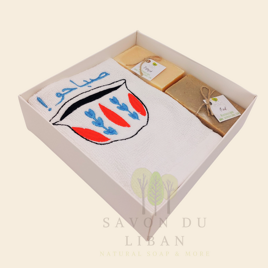 Al Shaffeh gift box with embroidered towel and Lebanese soaps.
