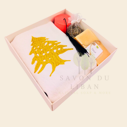 Retro Charm of Lebanon embroidered towel and soap gift box.