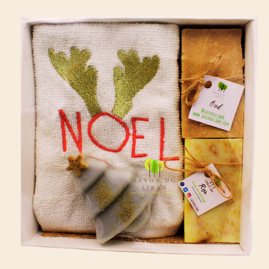 Reindeer Refresh Gift Set with festive NOEL towel and Christmas-themed soaps in an elegant box