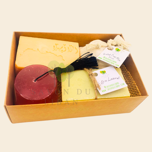 Timeless Charms of Lebanon gift set with laurel, tarboosh, and musk soap in a Kraft box of Lebanese soaps with transparent lid.