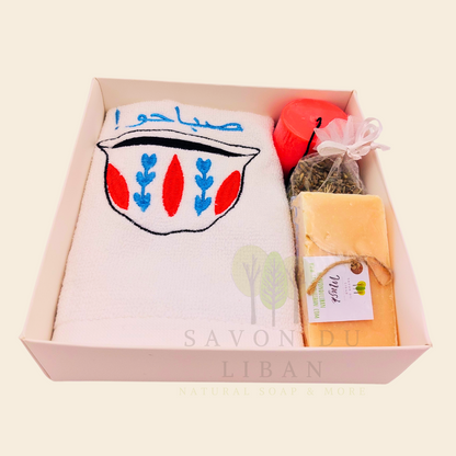 Retro Charm of Lebanon embroidered towel and soap gift box.