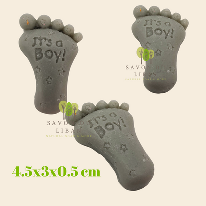 Tiny Toes Soap Treasures: Single Foot stamped "It's A Boy" or "It's A Girl" Feet in various colors by Savon Du Liban, shaped like tiny baby feet