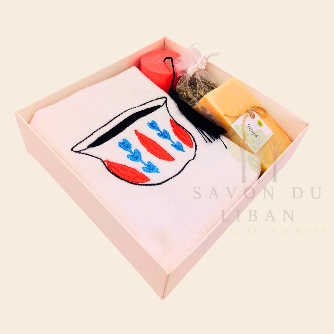 Retro Charm of Lebanon embroidered towel and soap gift box.