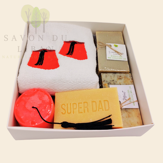 Tarboosh Tribute Gift Box: a 16x16x5 cm gift box including an embroidered towel Double Tarboosh, a musk soap stamped Super Dad, a tarboosh soap and 2 soap bars.