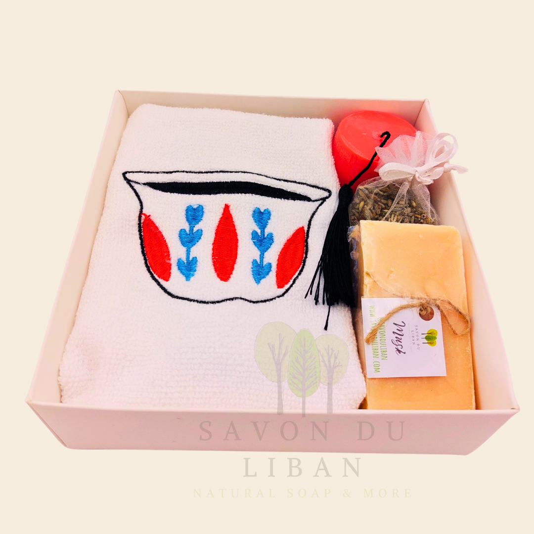 Retro Charm of Lebanon embroidered towel and soap gift box.