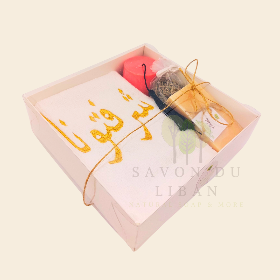 Retro Charm of Lebanon embroidered towel and soap gift box.