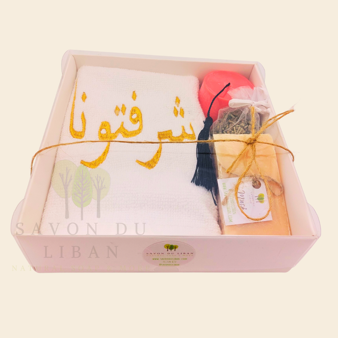 Retro Charm of Lebanon embroidered towel and soap gift box.