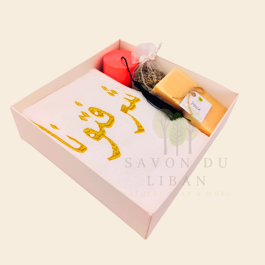 Retro Charm of Lebanon embroidered towel and soap gift box.