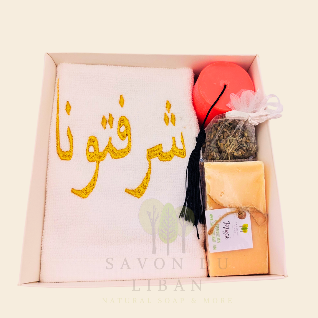 Retro Charm of Lebanon embroidered towel and soap gift box.