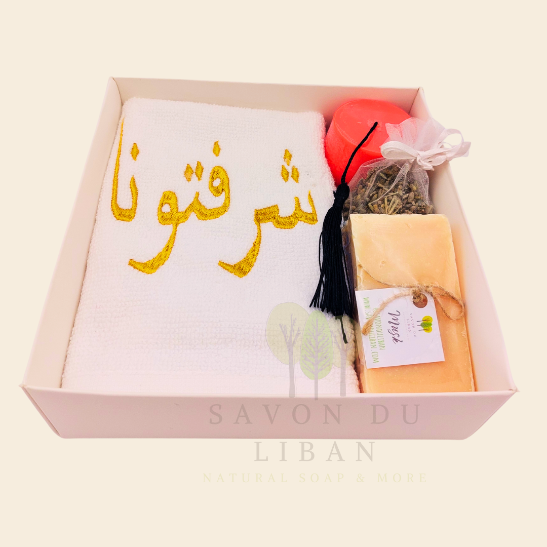 Retro Charm of Lebanon embroidered towel and soap gift box.