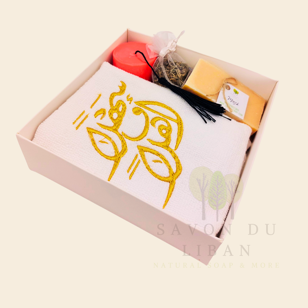Retro Charm of Lebanon embroidered towel and soap gift box.