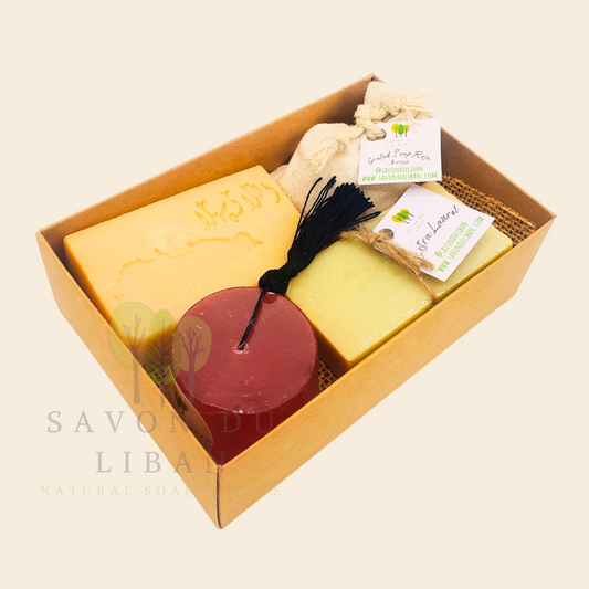 Timeless Charms of Lebanon gift set with laurel, tarboosh, and musk soap in a Kraft box of Lebanese soaps with transparent lid.
