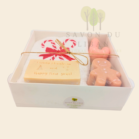 Sugarplum Surprise Handmade Christmas gift box with candy cane and gingerbread soaps and Candy-embroidered Christmas towel