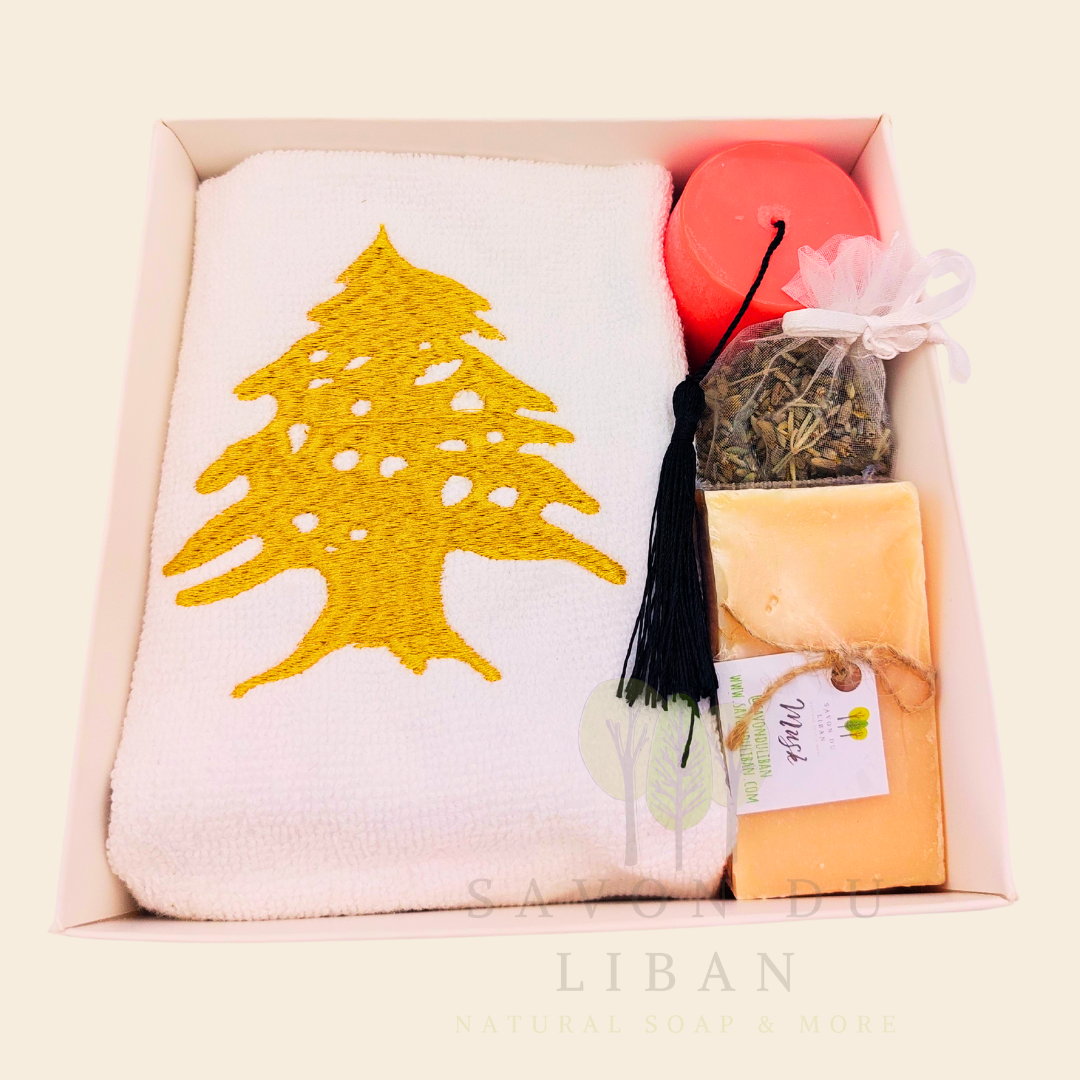 Retro Charm of Lebanon embroidered towel and soap gift box.