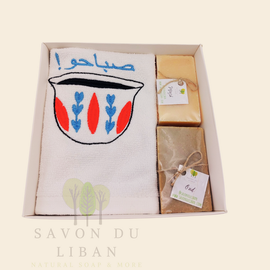 Al Shaffeh gift box with embroidered towel and Lebanese soaps.