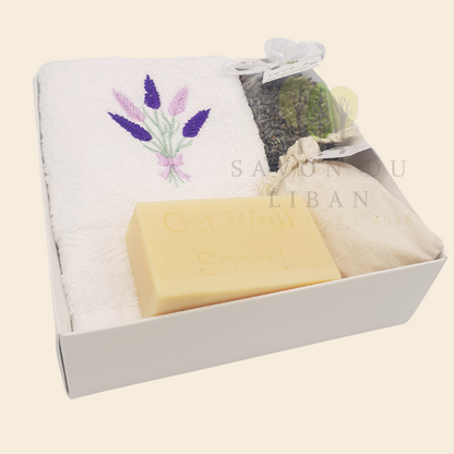 Lebanese Artisanal Lavender Breeze Gift Box for Comfort & Relaxation (16x16x5 cm) - Embroidered towel, lavender bag, grated soap bag, Get Well Soon musk soap.