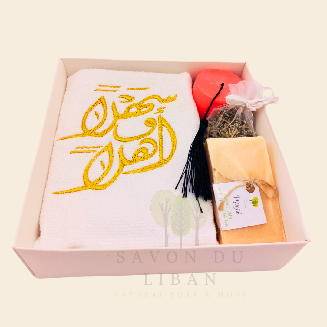 Retro Charm of Lebanon embroidered towel and soap gift box.