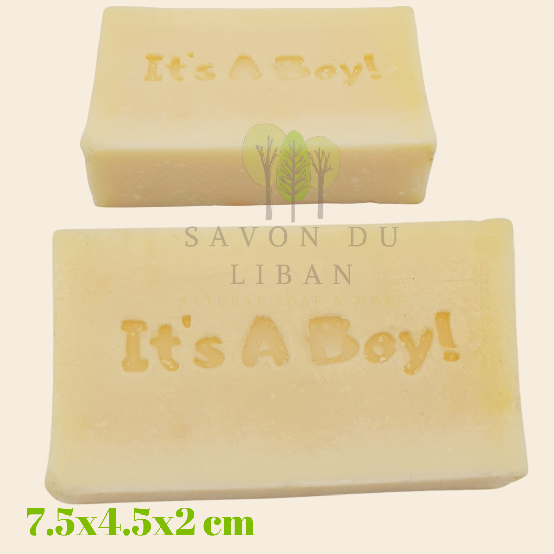 Beautifully stamped 'It's A Boy' soap bar by Savon Du Liban, perfect for newborn gifts