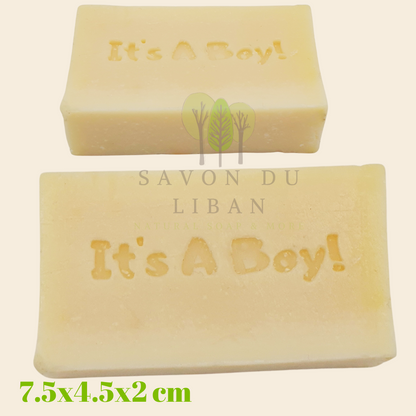 Beautifully stamped 'It's A Boy' soap bar by Savon Du Liban, perfect for newborn gifts