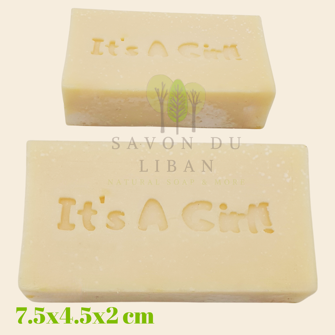 Beautifully stamped 'It's A Girl' soap bar by Savon Du Liban, perfect for newborn gifts