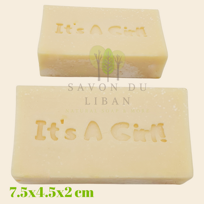 Beautifully stamped 'It's A Girl' soap bar by Savon Du Liban, perfect for newborn gifts