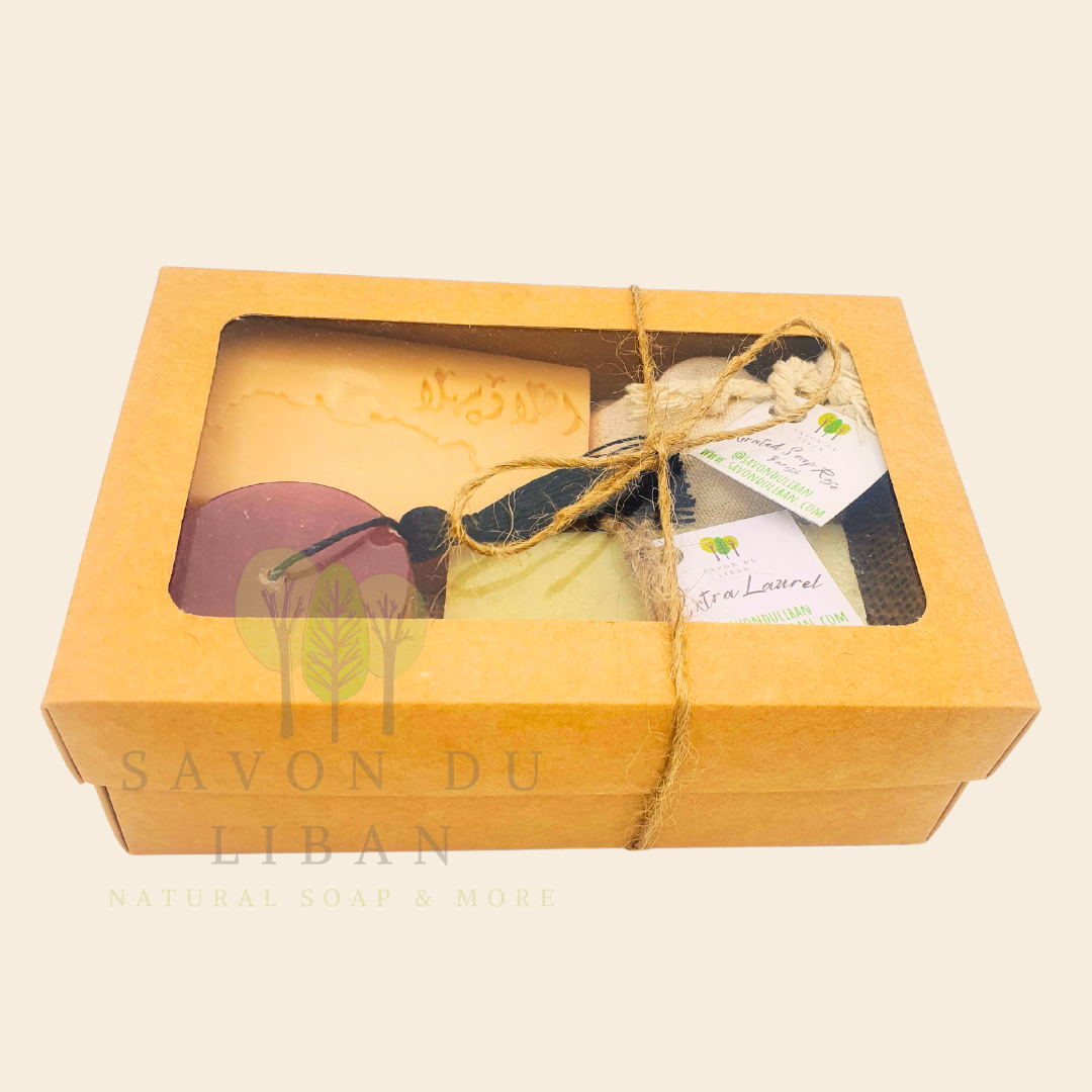 Timeless Charms of Lebanon gift set with laurel, tarboosh, and musk soap in a Kraft box of Lebanese soaps with transparent lid.