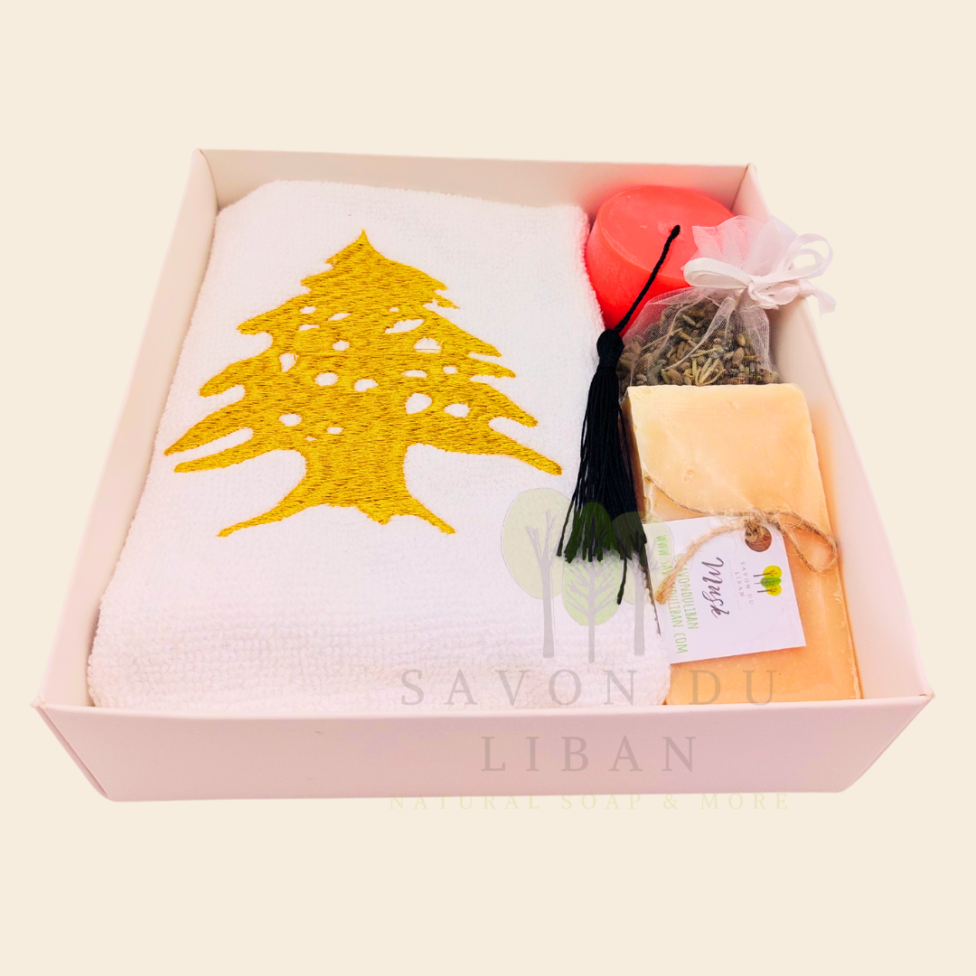 Retro Charm of Lebanon embroidered towel and soap gift box.