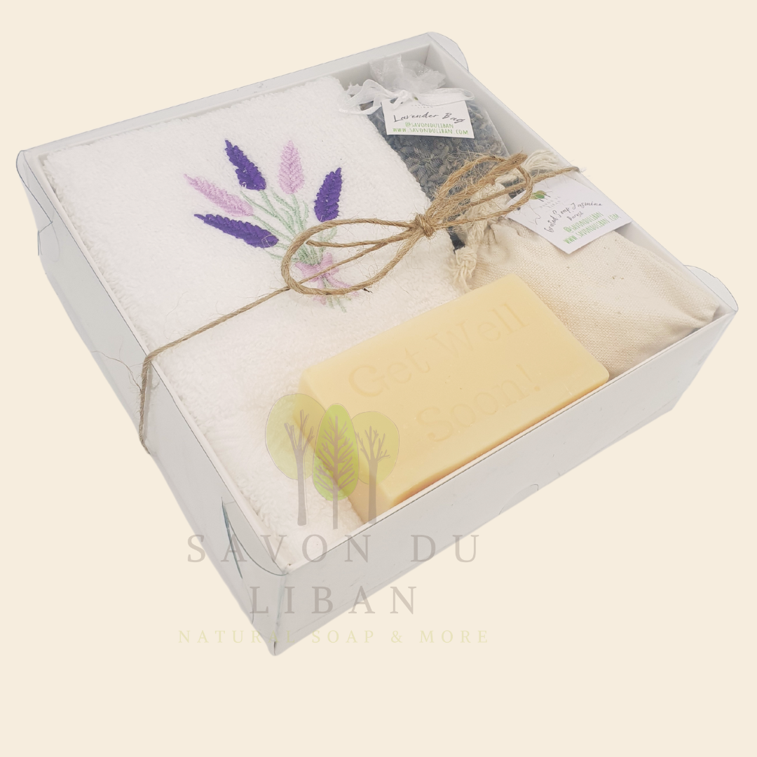 Lebanese Artisanal Lavender Breeze Gift Box for Comfort & Relaxation (16x16x5 cm with closed lid) - Embroidered towel, lavender bag, grated soap bag, Get Well Soon musk soap.