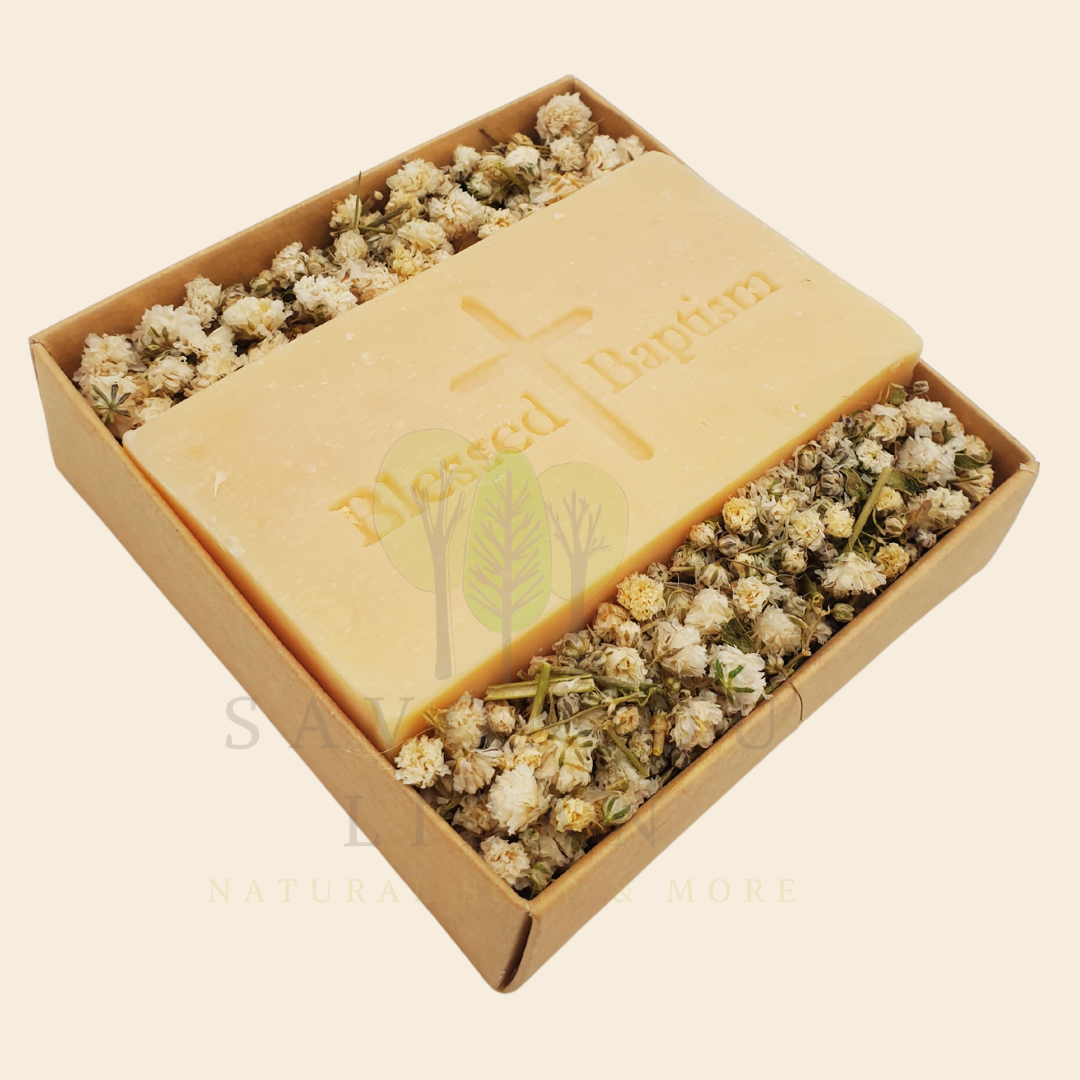 Bloom & Bless Baptism Set: Stamped Artisanal Lebanese Soap along with Dried Flowers in 8x8x2.50 cm kraft with Transparent Lid. Soap in English "Blessed Baptism"