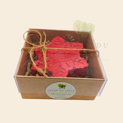 Snowflake soap inside Le Mini Box de Noël kraft gift box with clear lid.
