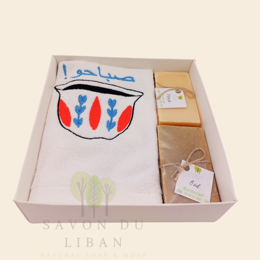 Al Shaffeh gift box with embroidered towel and Lebanese soaps.