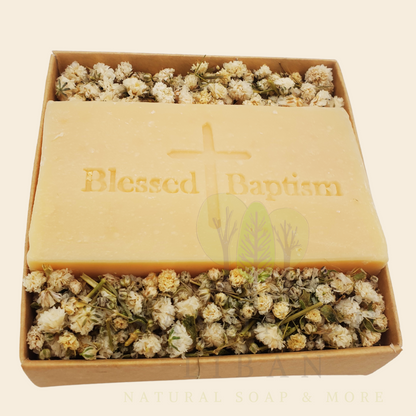 Bloom & Bless Baptism Set: Stamped Artisanal Lebanese Soap along with Dried Flowers in 8x8x2.50 cm kraft with Transparent Lid. Soap in English "Blessed Baptism"