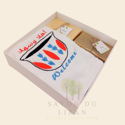 Al Shaffeh gift box with embroidered towel and Lebanese soaps.