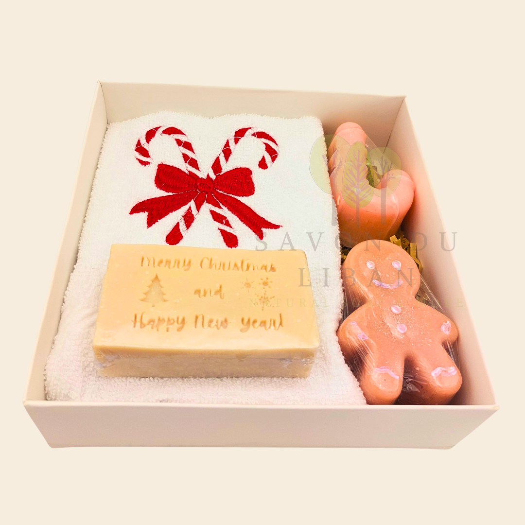 Sugarplum Surprise Handmade Christmas gift box with candy cane and gingerbread soaps and Candy-embroidered Christmas towel