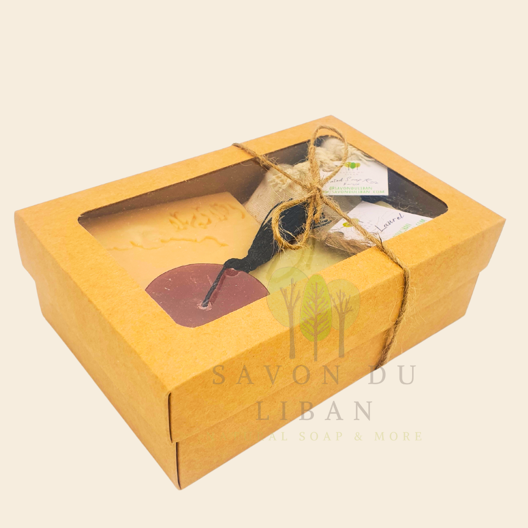 Timeless Charms of Lebanon gift set with laurel, tarboosh, and musk soap in a Kraft box of Lebanese soaps with transparent lid.