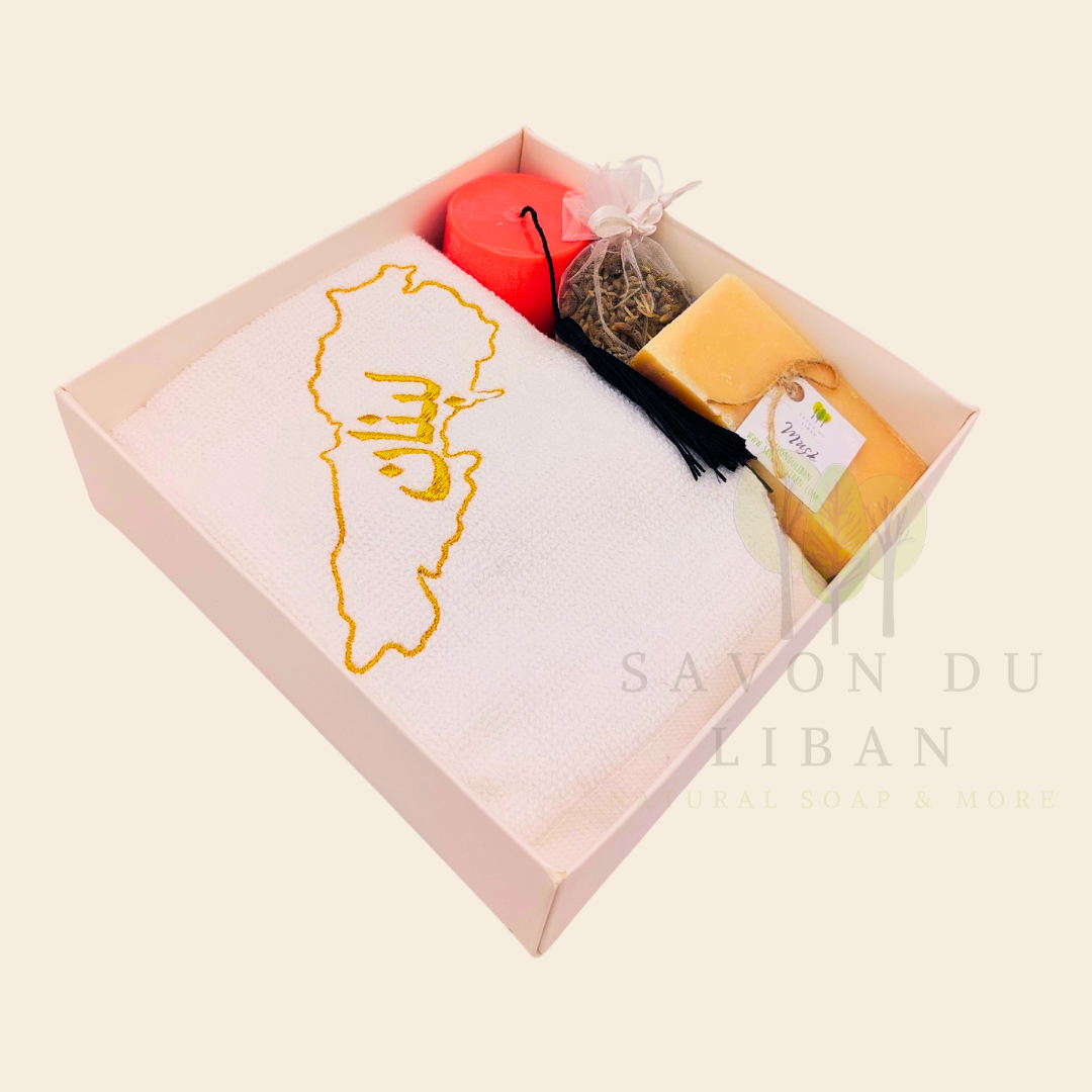 Retro Charm of Lebanon embroidered towel and soap gift box.