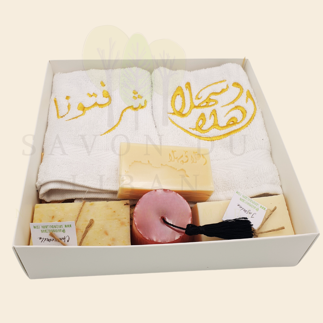 Lebanese Gift Set "Good to See You" 2 Towels with Handmade Soap Bars