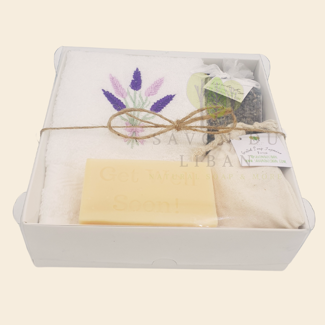 Lebanese Artisanal Lavender Breeze Gift Box for Comfort & Relaxation (16x16x5 cm with closed lid) - Embroidered towel, lavender bag, grated soap bag, Get Well Soon musk soap.