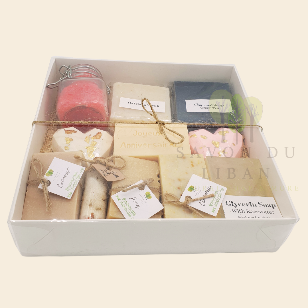 Radiance Unveiled - The Ultimate Birthday Spa Gift with Lebanese Artisanal Soaps and Scrubs. Box with Closed Lid.