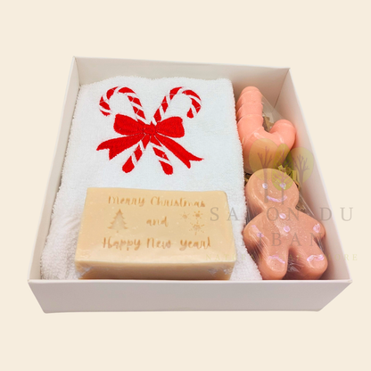 Sugarplum Surprise Handmade Christmas gift box with candy cane and gingerbread soaps and Candy-embroidered Christmas towel