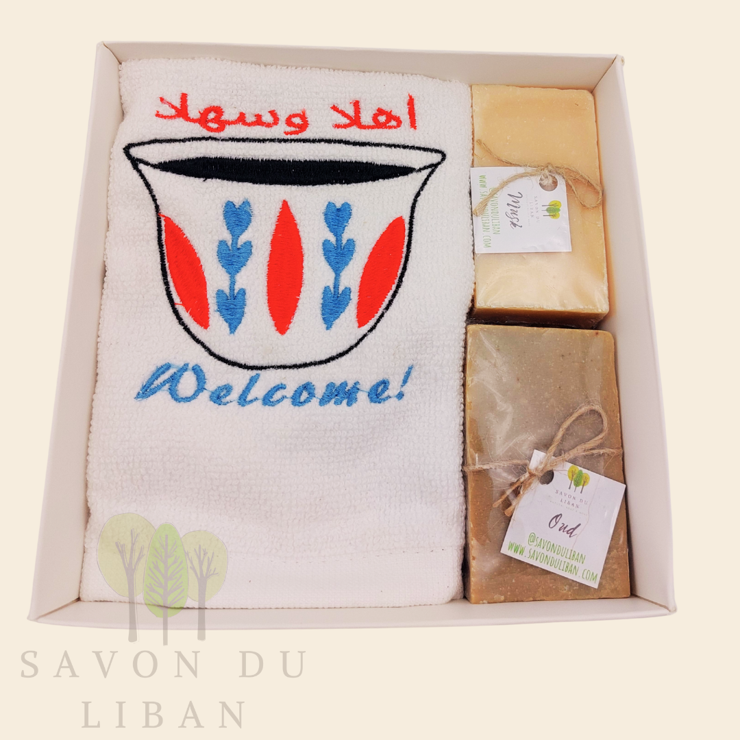 Al Shaffeh gift box with embroidered towel and Lebanese soaps.
