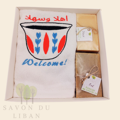 Al Shaffeh gift box with embroidered towel and Lebanese soaps.