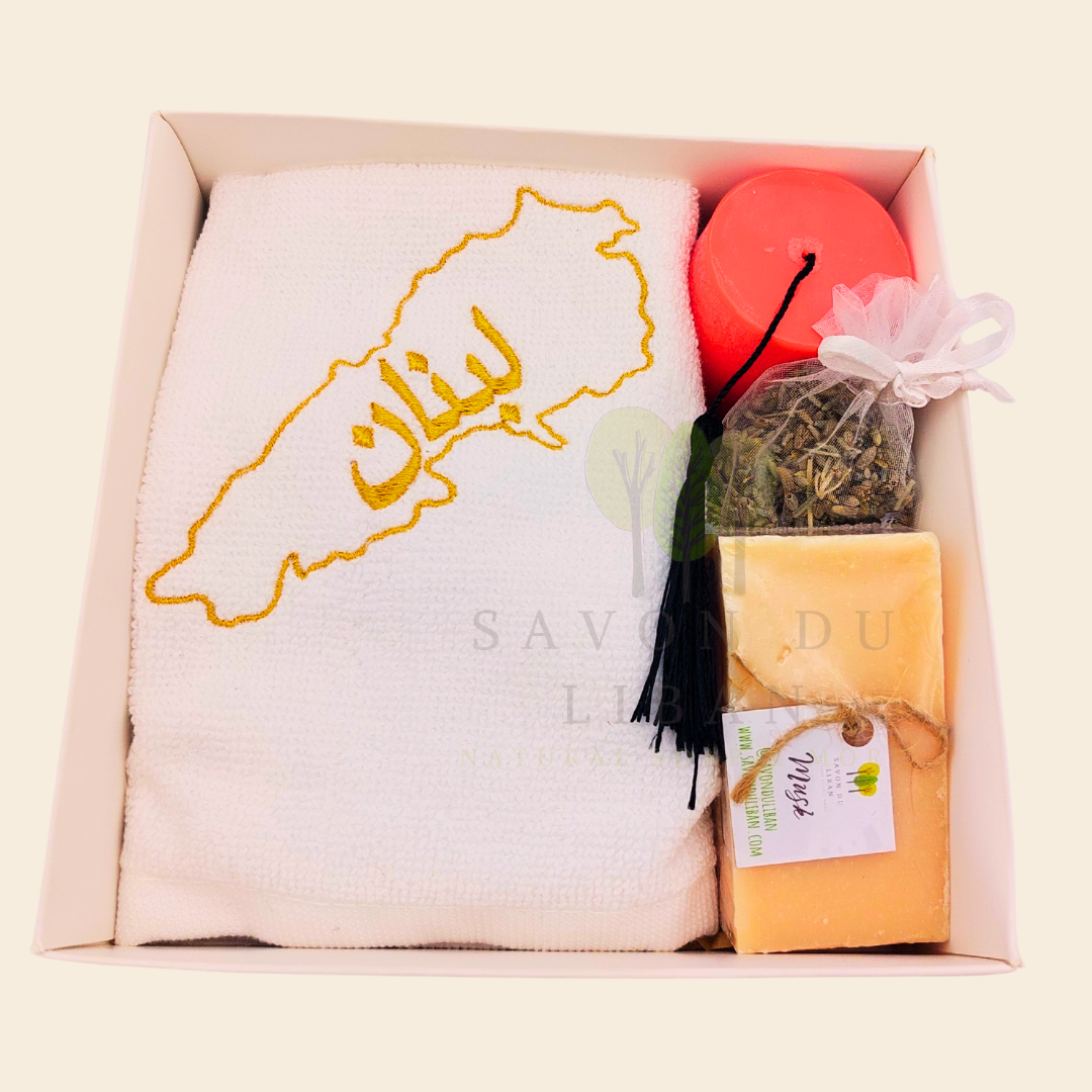 Retro Charm of Lebanon embroidered towel and soap gift box.