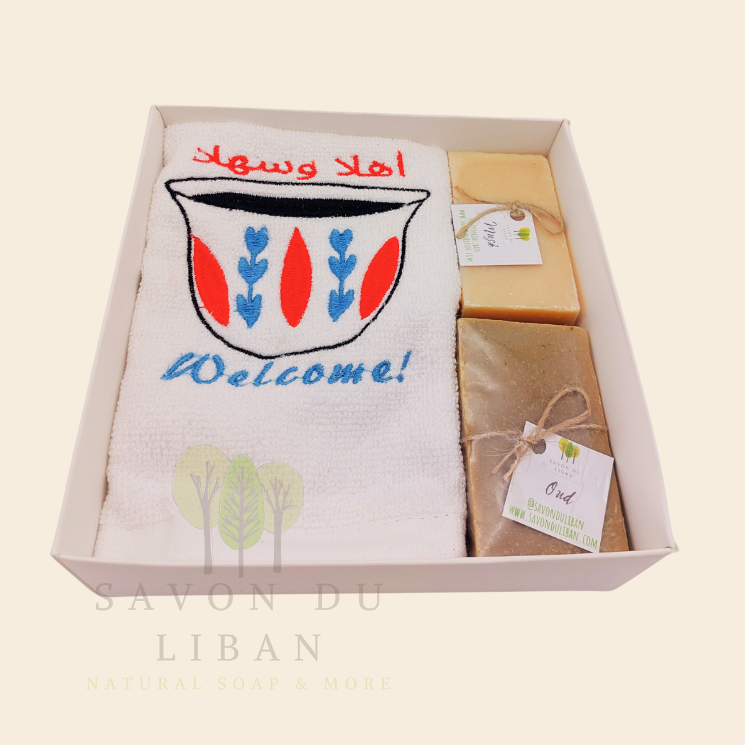 Al Shaffeh gift box with embroidered towel and Lebanese soaps.