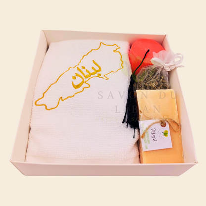Retro Charm of Lebanon embroidered towel and soap gift box.