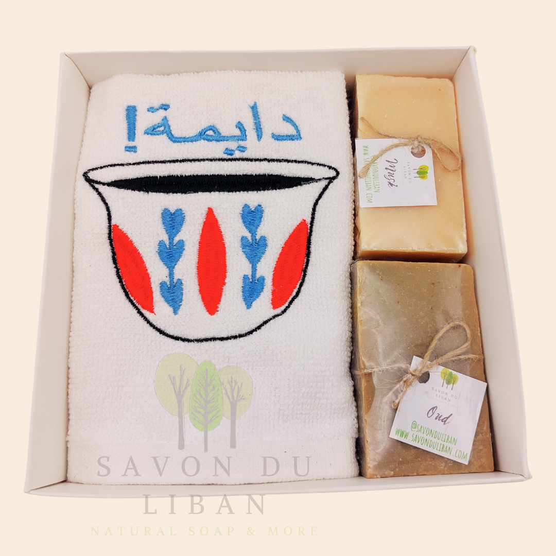 Al Shaffeh gift box with embroidered towel and Lebanese soaps.