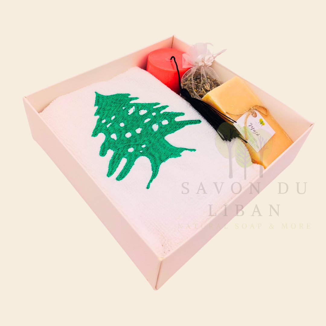 Retro Charm of Lebanon embroidered towel and soap gift box.
