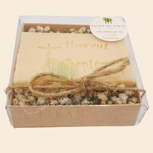 Bloom & Bless Baptism Set: Stamped Artisanal Lebanese Soap along with Dried Flowers in 8x8x2.50 cm kraft with Transparent Lid.